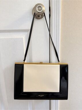 Saint Laurent Black and Cream Patent Shoulder Bag with Gold Frame